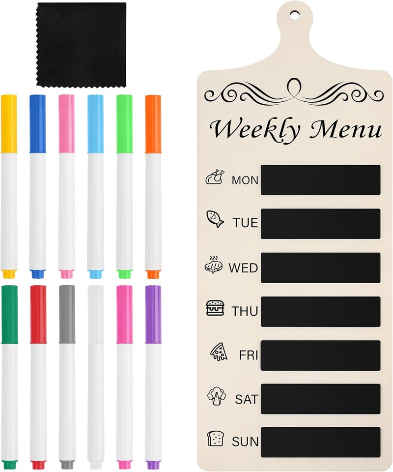 Catcan Magnetic Menu Board for Fridge Meal Planner Magnet Wood Chalkboard Menu Board Dry Erase Calendar Weekly Meal Planner for Kitchen Decor with 12-Color Markers and A Towel - Image 1